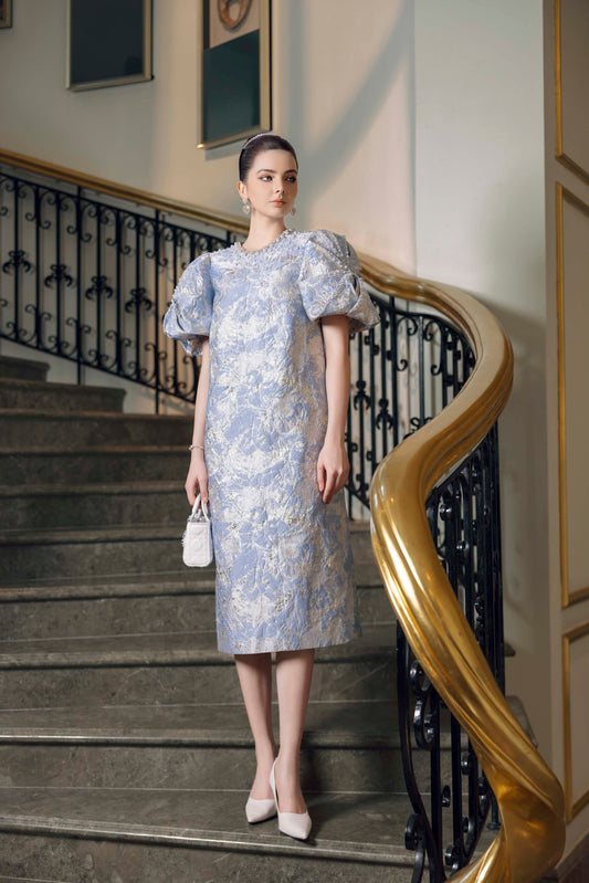 Blue Floral Jacquard Midi Dress with Puff Sleeves