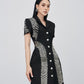 Black Blazer Dress with Silver Chevron Embroidery and Button Front
