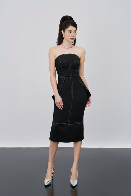 Black Strapless Midi Dress with Structured Design