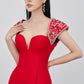 Red Evening Dress with Beaded Cap Sleeves and Front Slit