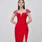 Red Evening Dress with Beaded Cap Sleeves and Front Slit