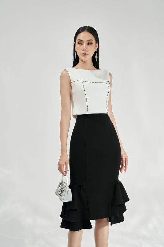 Black and White Ruffle Hem Pencil Skirt and Crop Top Set