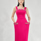 Fuchsia Sleeveless Midi Dress with Floral Embellishments