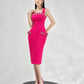 Fuchsia Sleeveless Midi Dress with Floral Embellishments