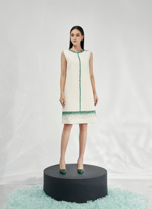 Sleeveless White Shift Dress with Green Gemstone Embellishments