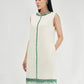 Sleeveless White Shift Dress with Green Gemstone Embellishments