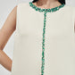 Sleeveless White Shift Dress with Green Gemstone Embellishments