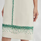 Sleeveless White Shift Dress with Green Gemstone Embellishments