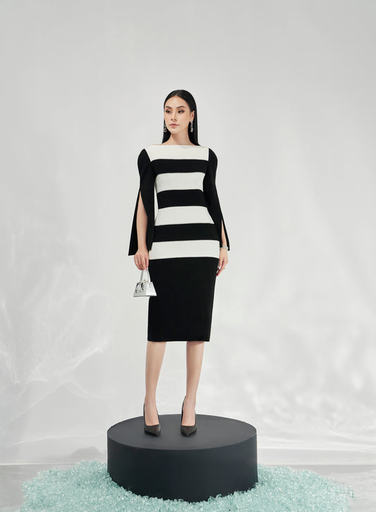 Black and White Striped Cape Sleeve Dress