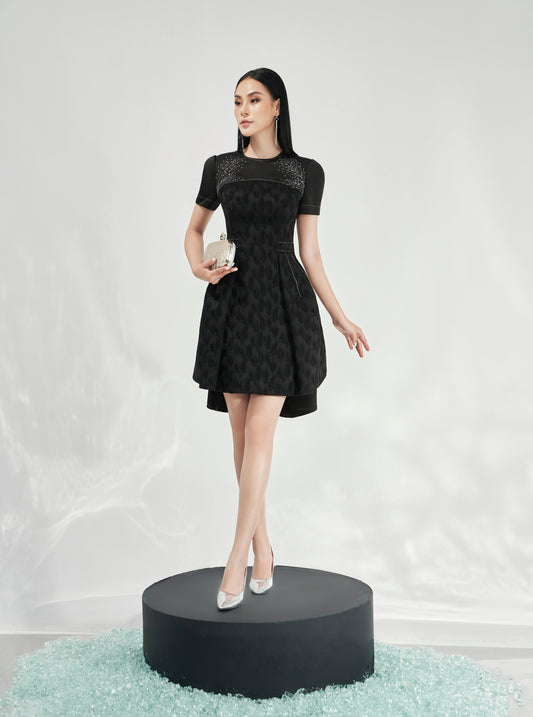 Black Jacquard High-Low Dress with Sheer Embroidered Shoulders