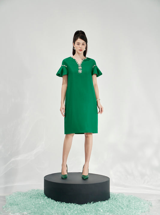 Green Flutter Sleeve Dress with Floral Embellished V-Neckline