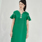 Green Flutter Sleeve Dress with Floral Embellished V-Neckline