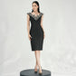 Black Floral Embellished V-Neck Bodycon Dress