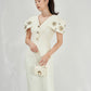 White Midi Dress with Embellished Shoulder Details and V-Neckline