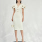 White Midi Dress with Embellished Shoulder Details and V-Neckline