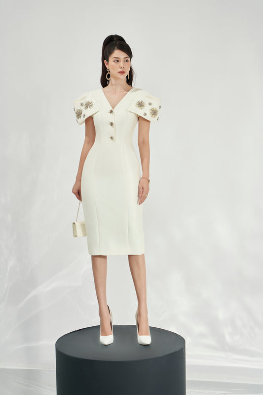 White Midi Dress with Embellished Shoulder Details and V-Neckline