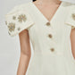 White Midi Dress with Embellished Shoulder Details and V-Neckline