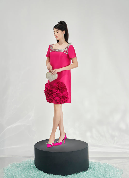 Fuchsia A-Line Mini Dress with Beaded Neckline and 3D Floral Appliques