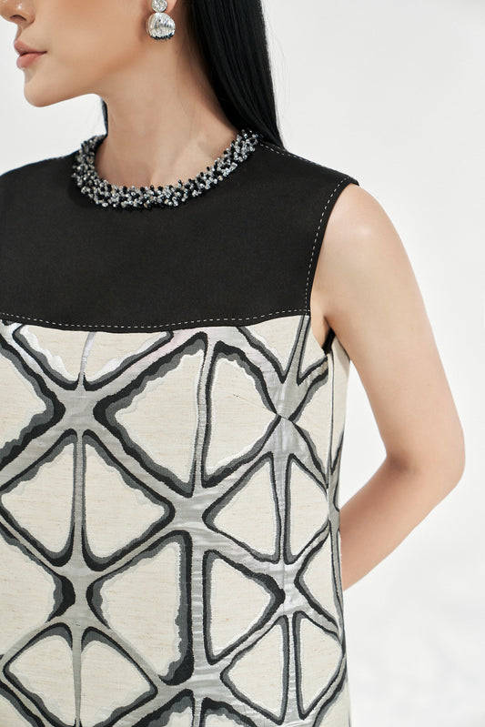 Geometric Sleeveless Shift Dress with Beaded Collar