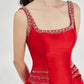 Red Satin A-Line Midi Dress with Embellished Straps