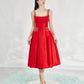 Red Satin A-Line Midi Dress with Embellished Straps