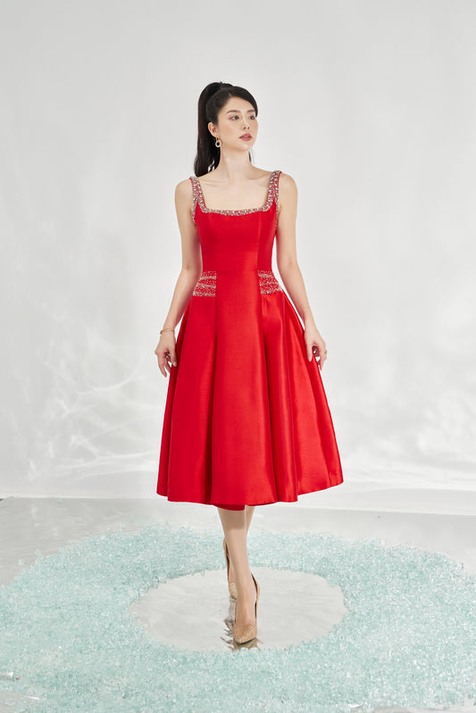 Red Satin A-Line Midi Dress with Embellished Straps