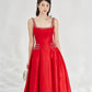 Red Satin A-Line Midi Dress with Embellished Straps
