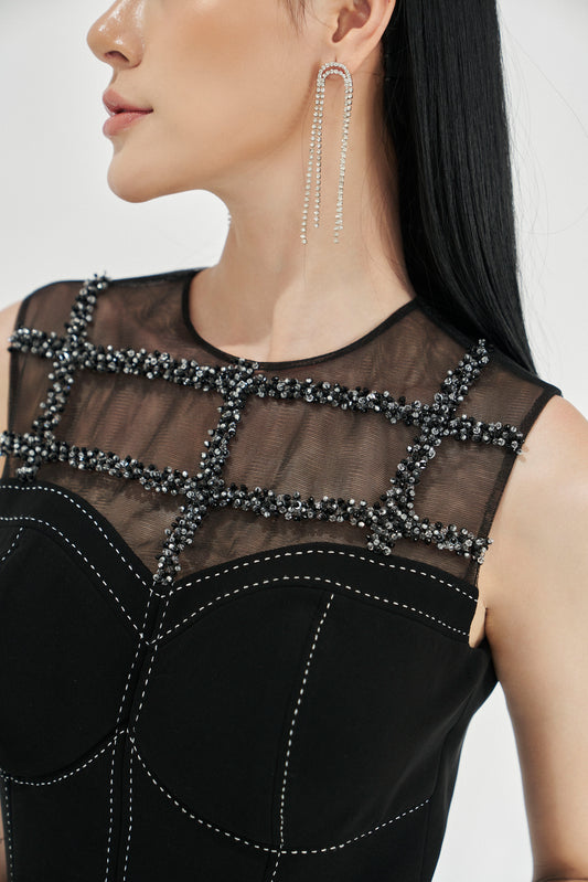 Black Midi Bodycon Dress with Sheer Embellished Neckline