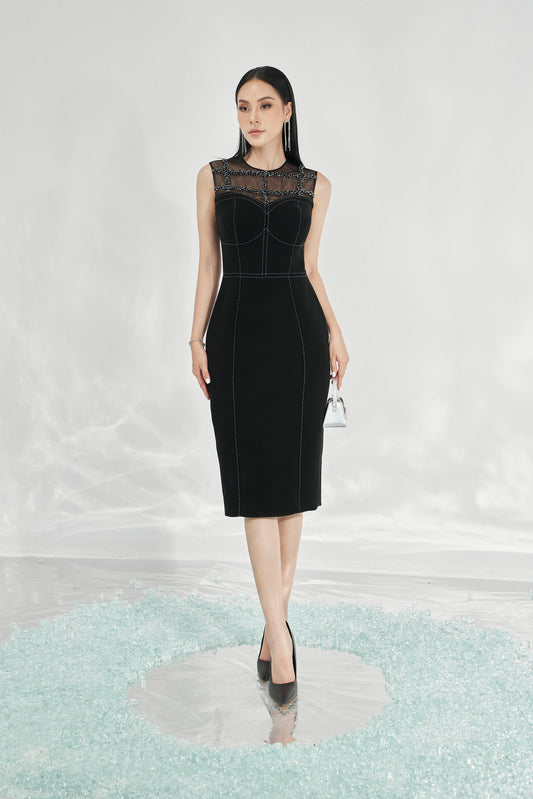 Black Midi Bodycon Dress with Sheer Embellished Neckline