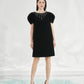 Black Shift Dress with Statement Puff Sleeves and Beaded Neckline