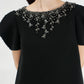 Black Shift Dress with Statement Puff Sleeves and Beaded Neckline