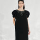 Black Shift Dress with Statement Puff Sleeves and Beaded Neckline