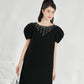 Black Shift Dress with Statement Puff Sleeves and Beaded Neckline