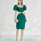 Green Fitted Pencil Dress with Puff Sleeves and Glitter Accents