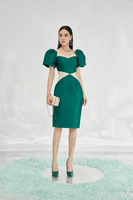 Green Fitted Pencil Dress with Puff Sleeves and Glitter Accents