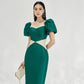 Green Fitted Pencil Dress with Puff Sleeves and Glitter Accents