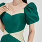 Green Fitted Pencil Dress with Puff Sleeves and Glitter Accents