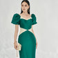 Green Fitted Pencil Dress with Puff Sleeves and Glitter Accents