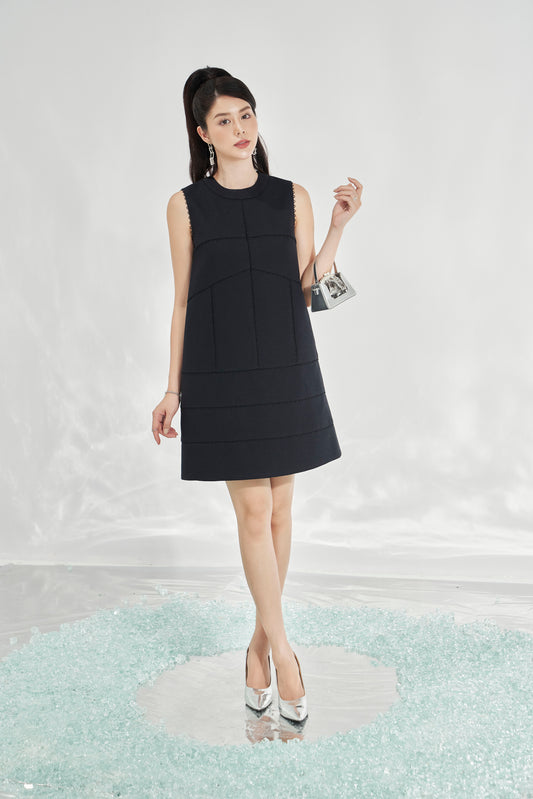 Sleeveless Black A-Line Dress with Detailed Stitching