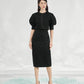 Black Jacquard Midi Dress with Puff-Sleeve Bolero Jacket Set