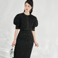 Black Jacquard Midi Dress with Puff-Sleeve Bolero Jacket Set
