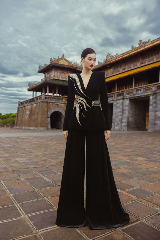 Black Velvet Pantsuit with Embellished Silver Details