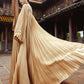 Golden Pleated Maxi Gown with Flowing Bell Sleeves