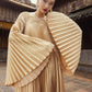 Golden Pleated Maxi Gown with Flowing Bell Sleeves