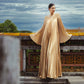 Golden Pleated Maxi Gown with Flowing Bell Sleeves