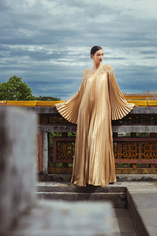 Golden Pleated Maxi Gown with Flowing Bell Sleeves