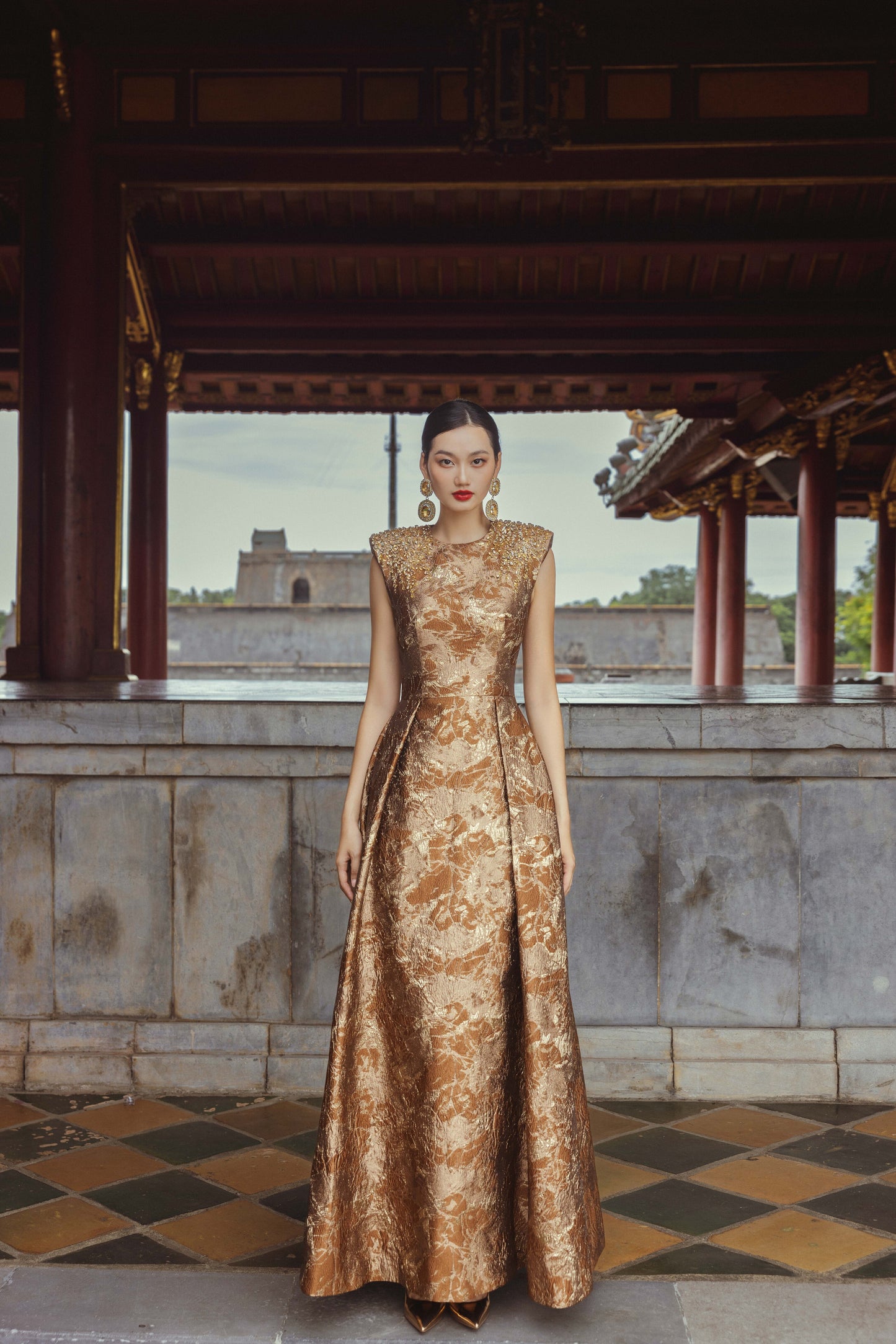 Gold Brocade Evening Gown with Embellished Shoulders