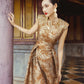 Gold Brocade Evening Gown with Embellished Shoulders