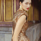 Gold Brocade Evening Gown with Embellished Shoulders