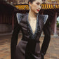 Black Velvet Evening Gown with Beaded Detailing and Structured Shoulders